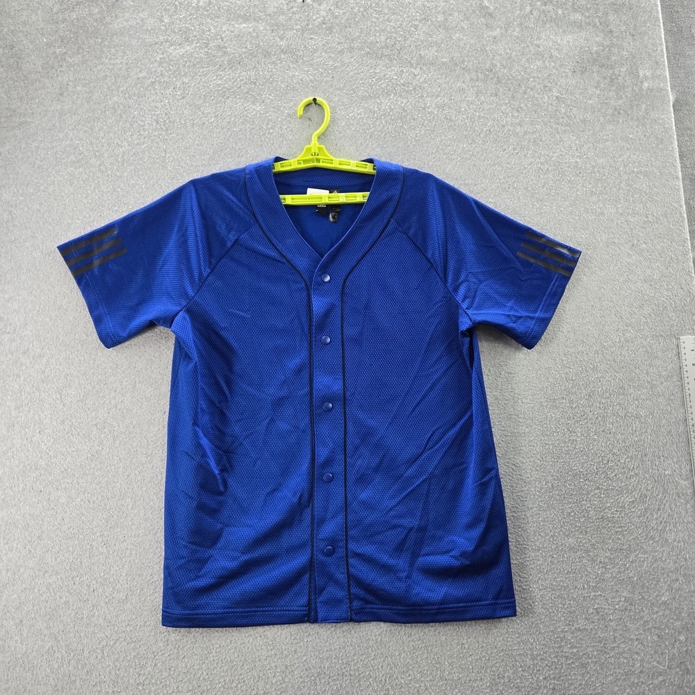 Adidas Men Jersey L Blue Baseball Button Up Logo Short Sleeve